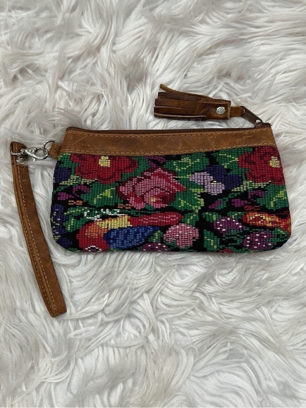 Sabra & Sand Huipile and Leather Floral Tasseled Wristlet